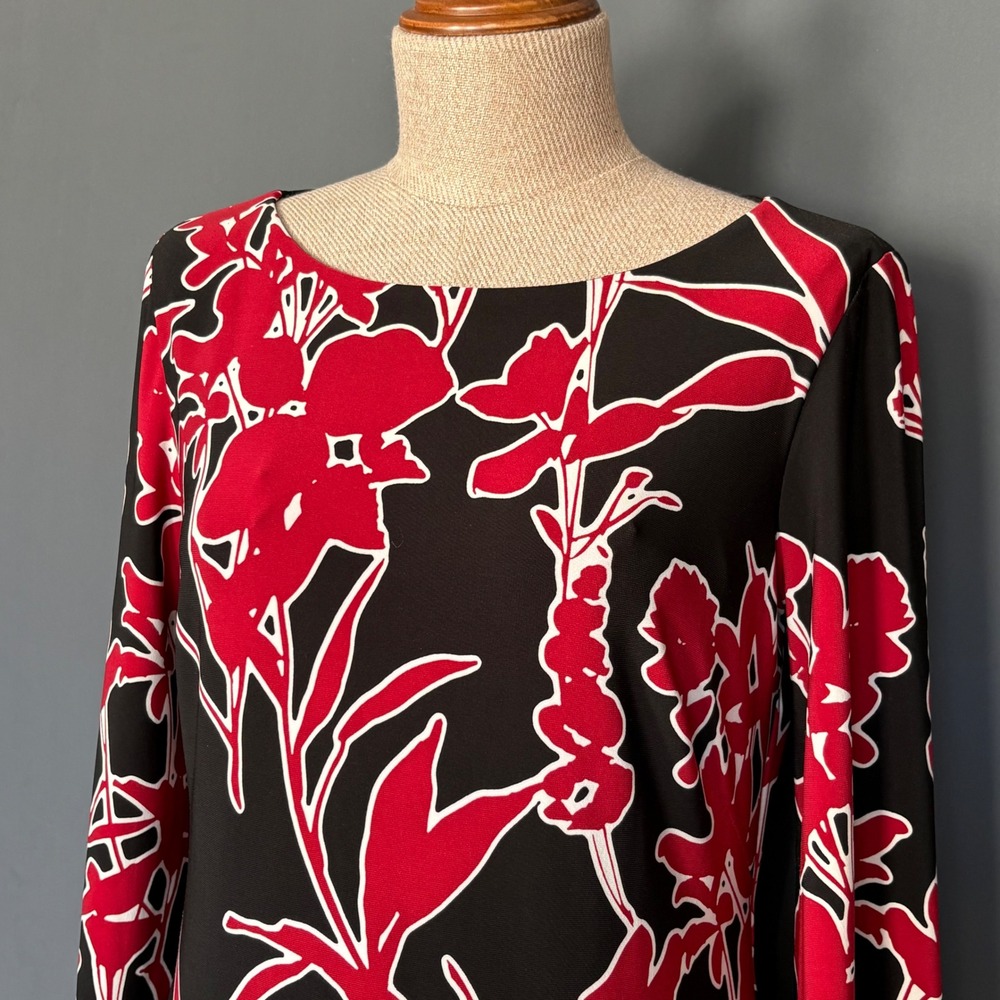 Lauren Ralph Lauren Floral Dress | Size 6P | Black Red Stretch‎ Midi
